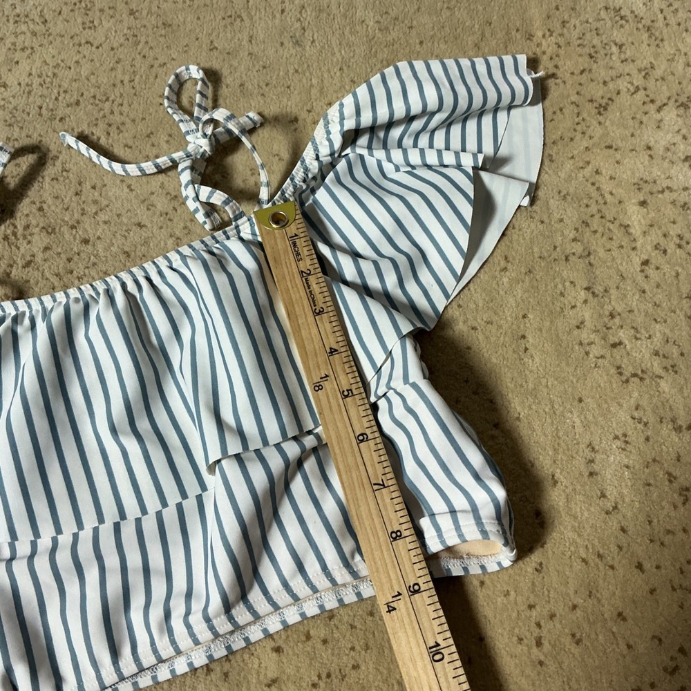 Albion Fit Blue White Striped Ruffle Bikini Top Womens Medium Tie Strap Swim - Picture 2 of 6